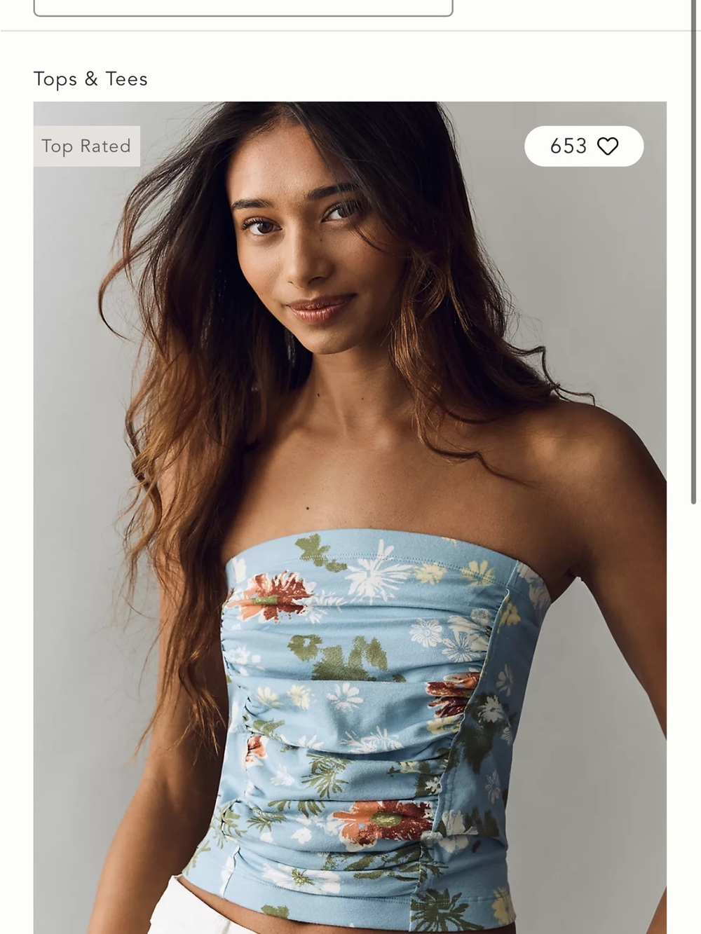 Pilcro Light Blue Floral Strapless Ruched Crop Top